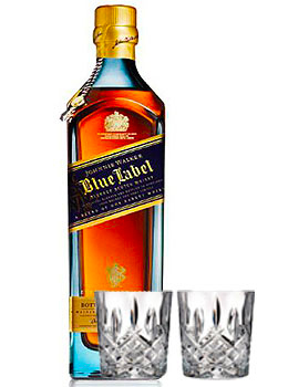 JOHNNIE WALKER SCOTCH - 750ML BLUE LABEL WITH 2 MARQUIS BY WATERFORD GLASSES                                                    