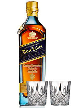 CUSTOM ENGRAVED JOHNNIE WALKER BLUE LABEL SCOTCH WITH 2 MARQUIS BY WATERFORD GLASSES