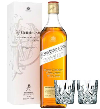 Great Scotch Gift | JOHN WALKER & SONS CELEBRATORY BLENDED SCOTCH WHISKY - 750ML CUSTOM ENGRAVED WITH 2 WATERFORD GLASSES